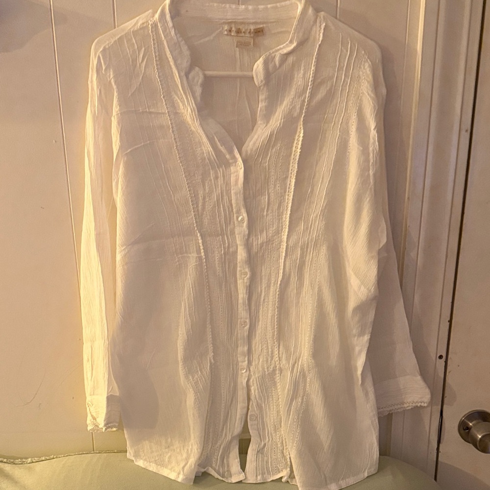 Antilia Femme White Long-Sleeve Button Down Shirt with Pintuck Detail